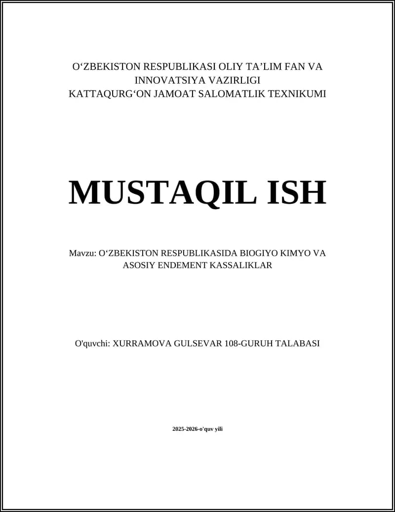 Oʻzbekiston Respublikasida Biogiyo Kimyo va Asosiy Endement Kassaliklar