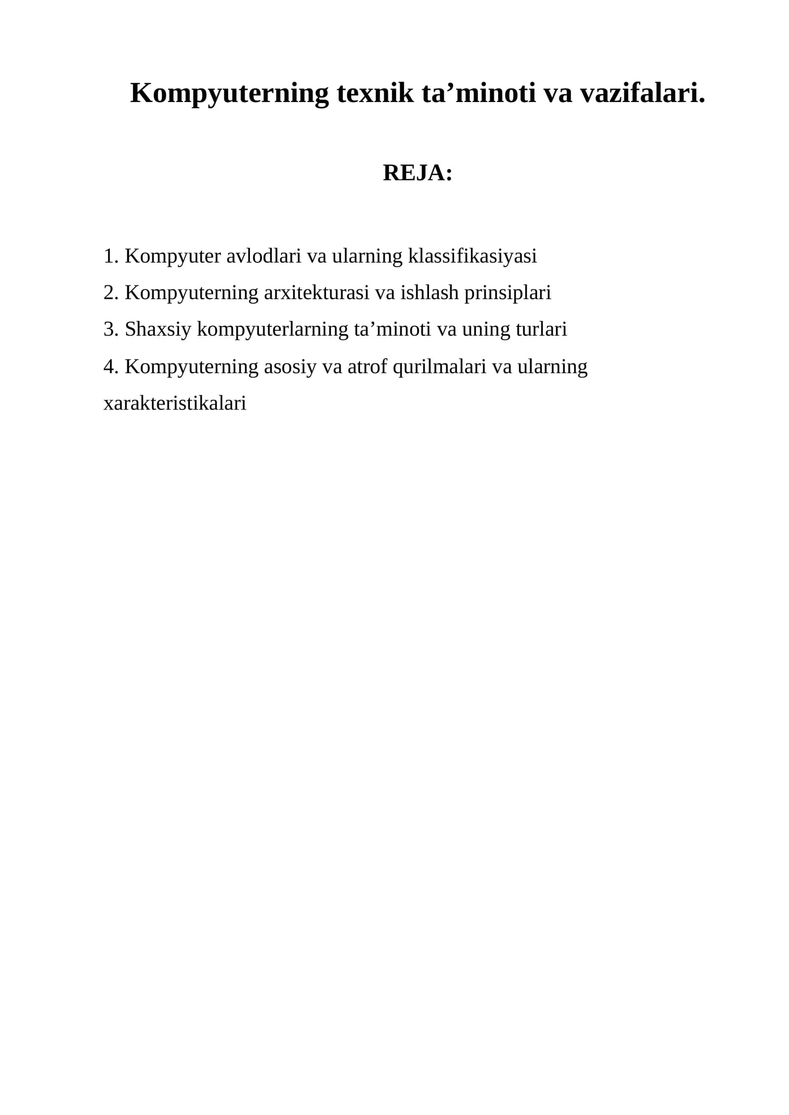 Kompyuterning texnik ta’minoti va vazifalari