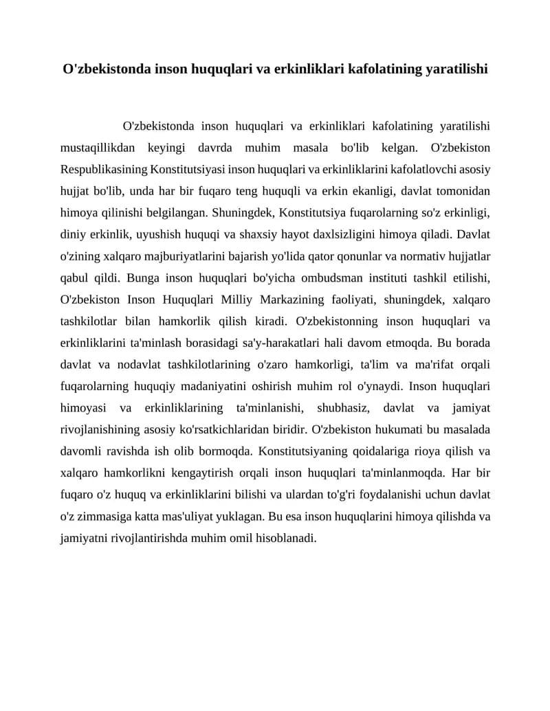O'zbekistonda inson huquqlari va erkinliklari kafolatining yaratilishi
