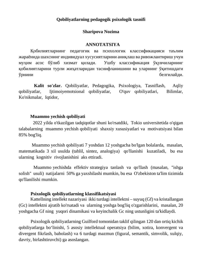 Qobiliyatlarning pedagogik psixologik tasnifi