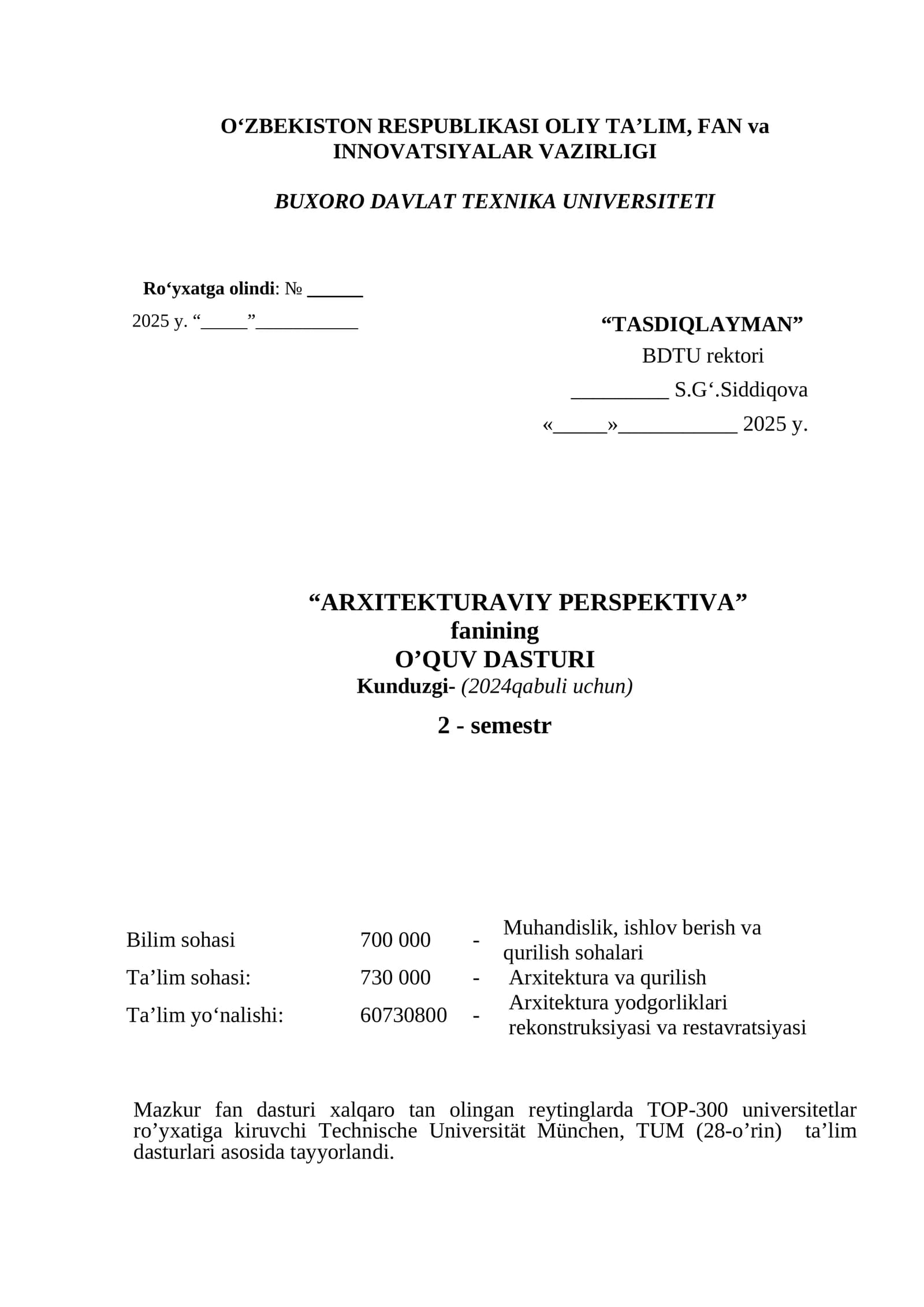 “ARXITEKTURAVIY PERSPEKTIVA” fanining O’QUV DASTURI Kunduzgi- (2024qabuli uchun) 2-semestr