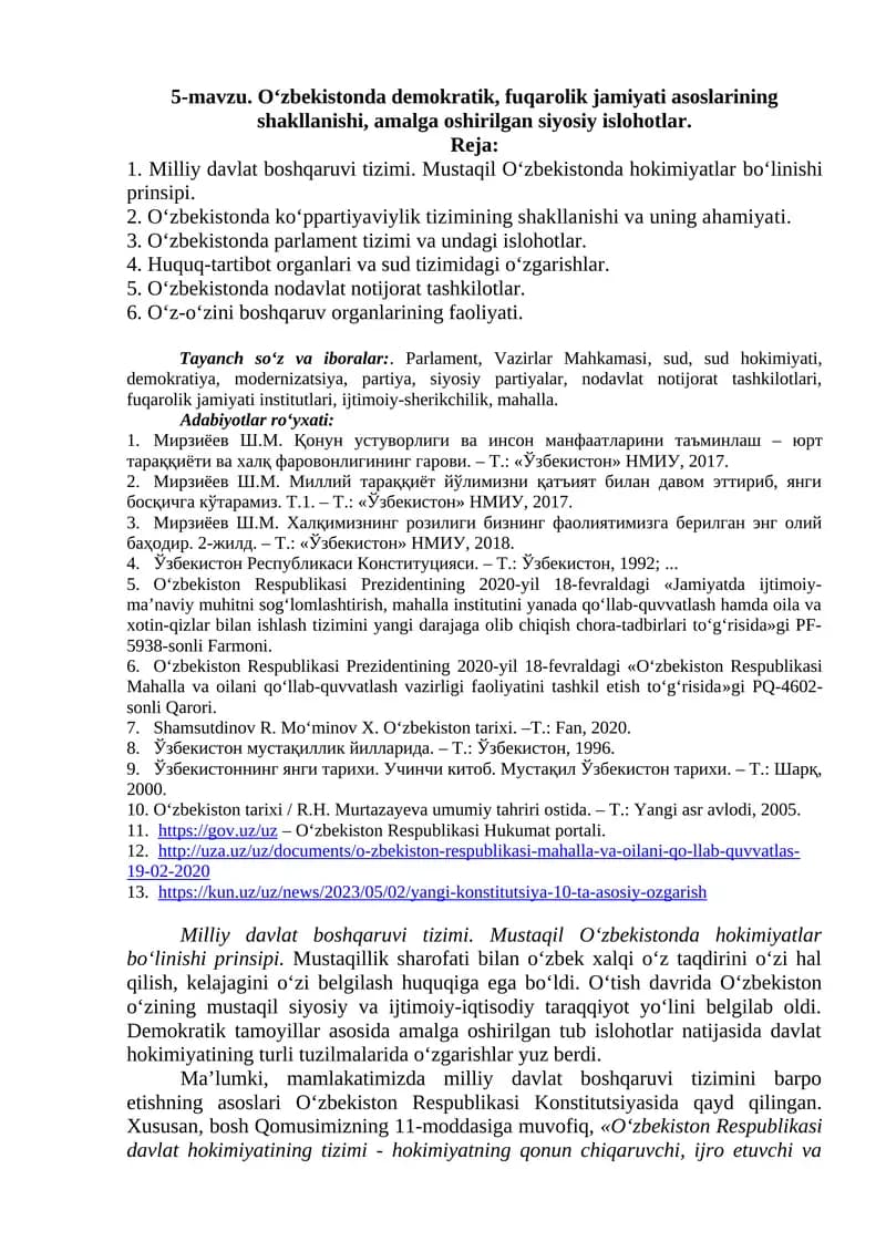 O‘zbekistonda demokratik, fuqarolik jamiyati asoslarining shakllanishi, amalga oshirilgan siyosiy islohotlar.