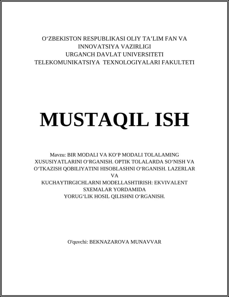 BIR MODALI VA KO‘P MODALI TOLALAMING XUSUSIYATLARINI O‘RGANISH
