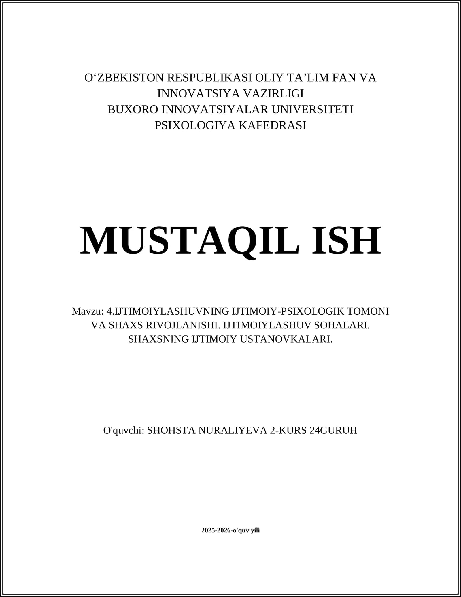 IJTIMOIYLASHUVNING IJTIMOIY-PSIXOLOGIK TOMONI VA SHAXS RIVOJLANISHI