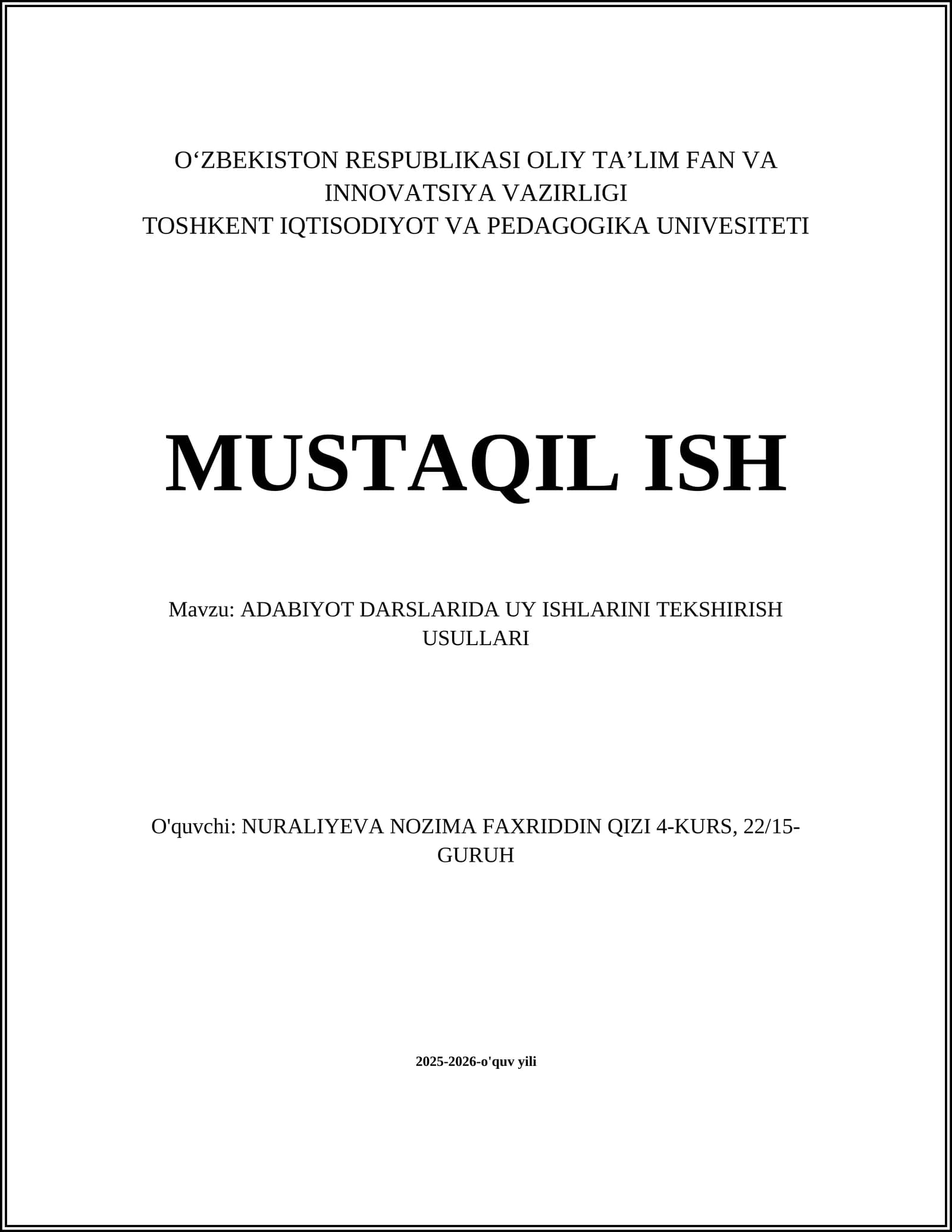 ADABIYOT DARSLARIDA UY ISHLARINI TEKSHIRISH USULLARI