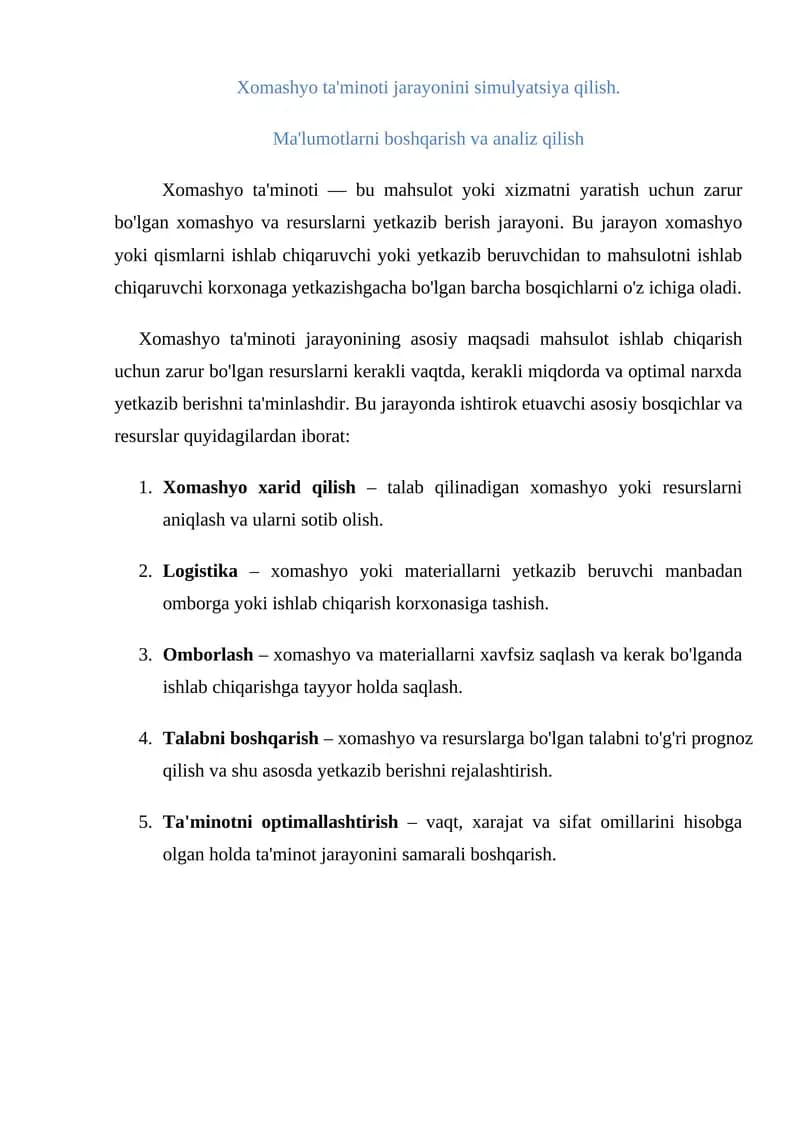 Xomashyo ta'minoti jarayonini simulyatsiya qilish