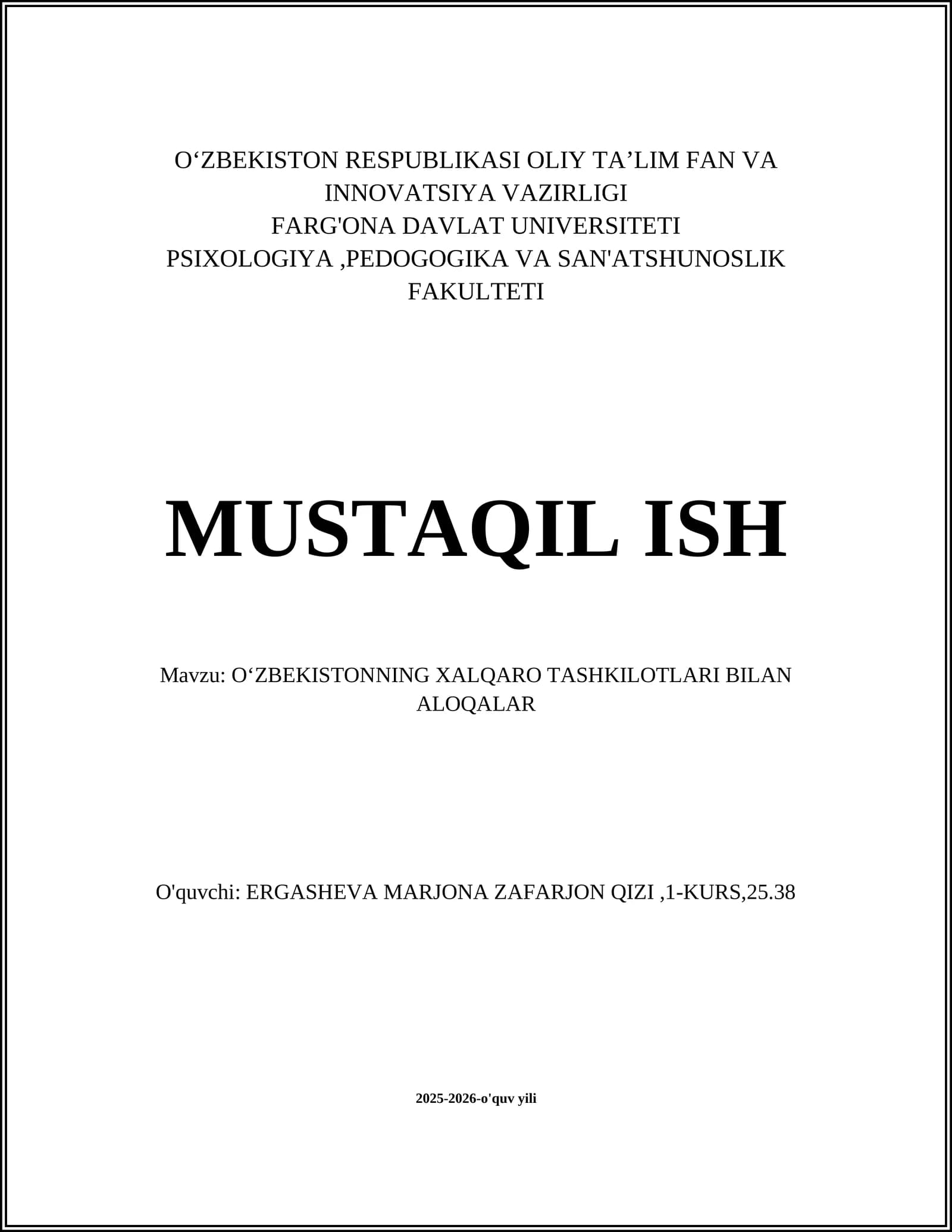 OʻZBEKISTONNING XALQARO TASHKILOTLARI BILAN ALOQALAR
