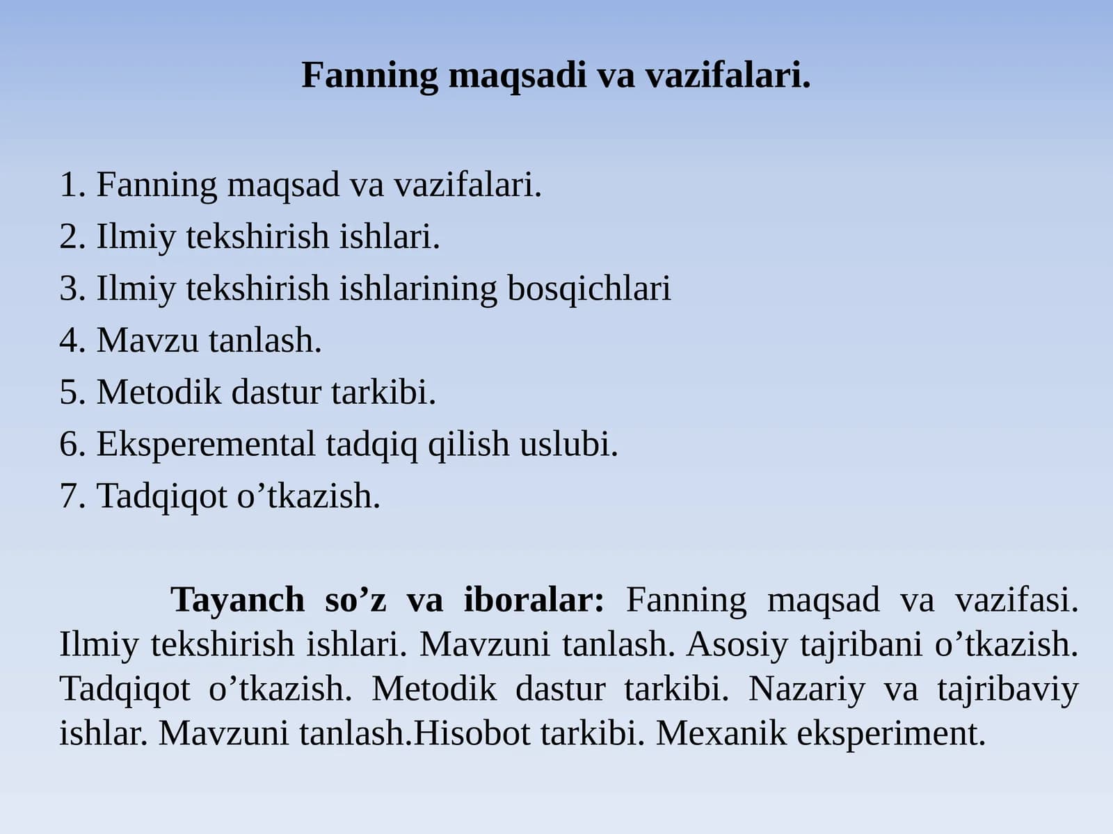 Fanning Maqsad va Vazifalari
