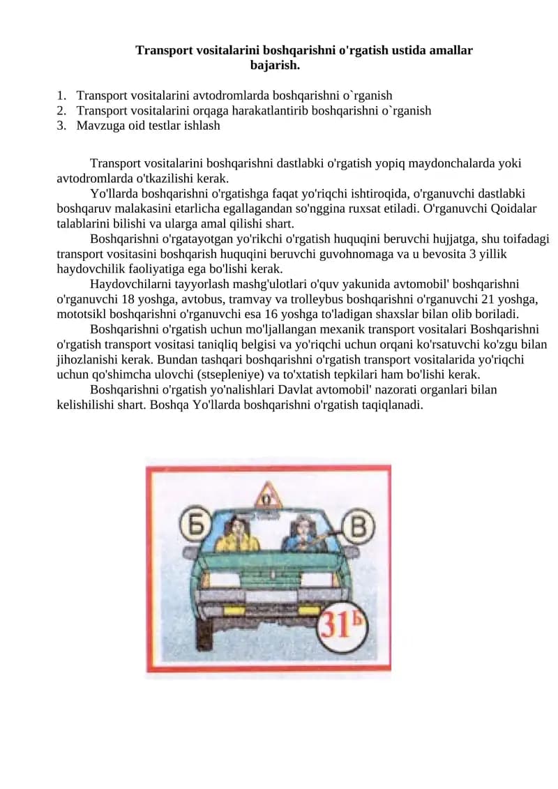 Transport vositalarini boshqarishni o'rgatish ustida amallar