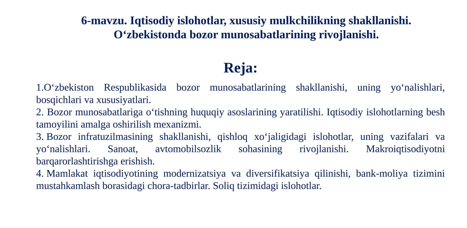 Iqtisodiy islohotlar, xususiy mulkchilikning shakllanishi