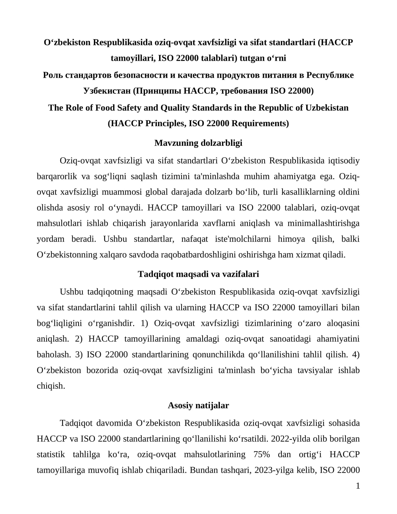 O‘zbekiston Respublikasida oziq-ovqat xavfsizligi va sifat standartlari (HACCP tamoyillari, ISO 22000 talablari) tutgan o‘rni