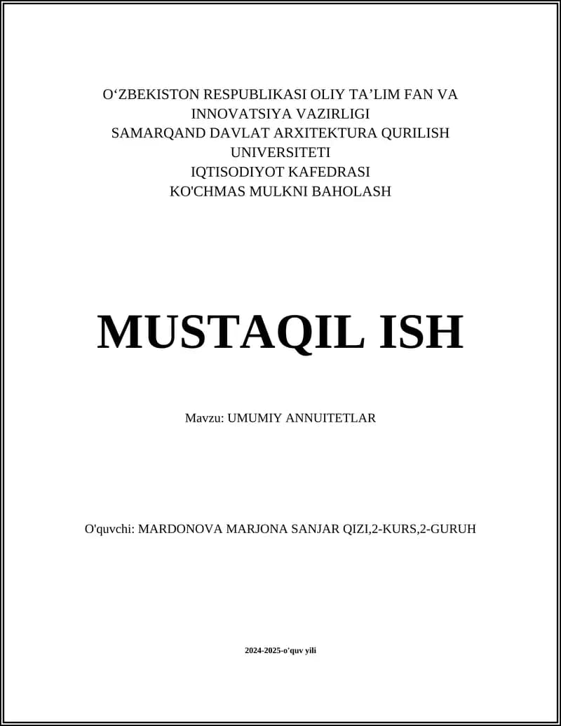 Annuitet to'lovining asosiy tushunchalari