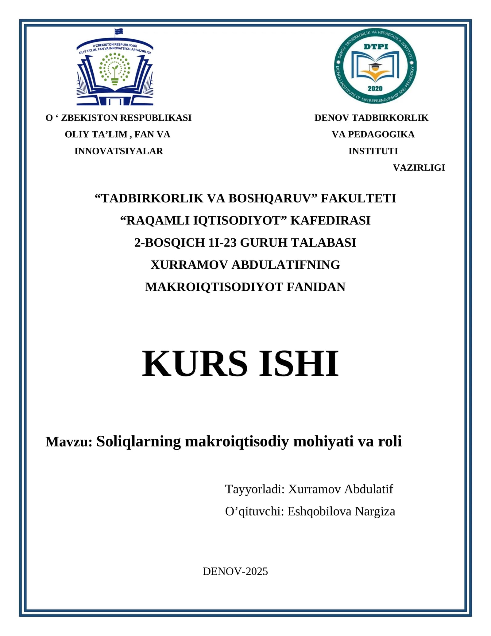 Soliqlarning makroiqtisodiy mohiyati va roli