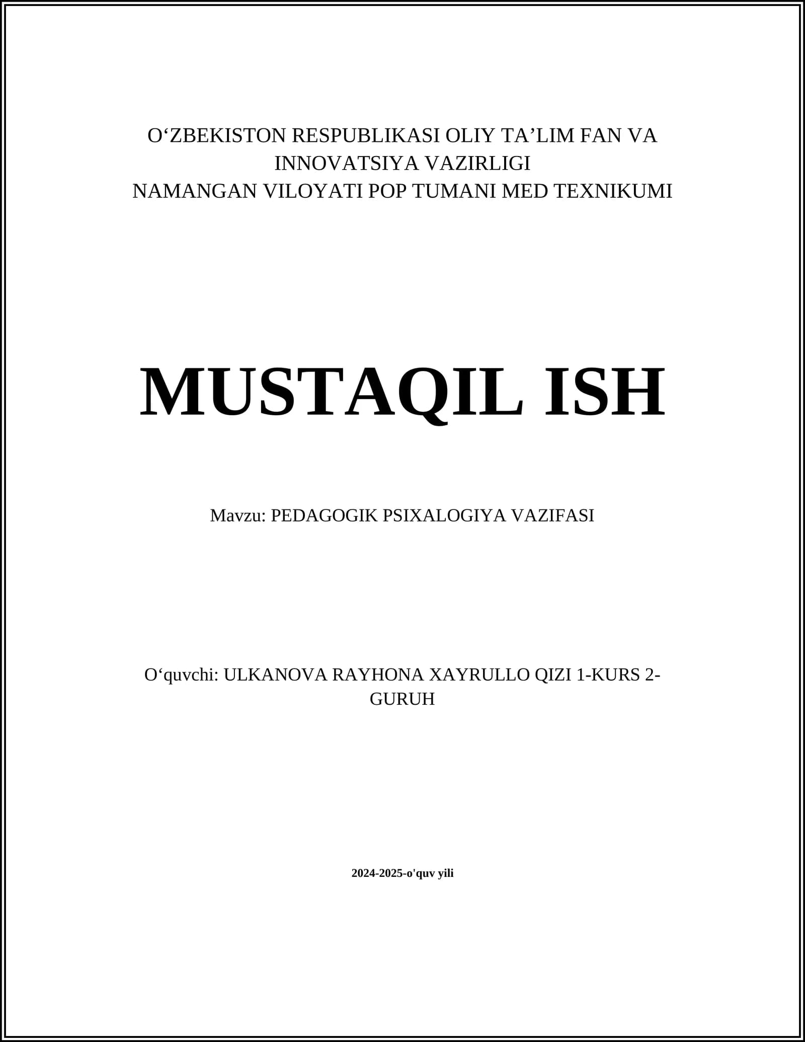 PEDAGOGIK PSIXOLOGIYA VAZIFASI
