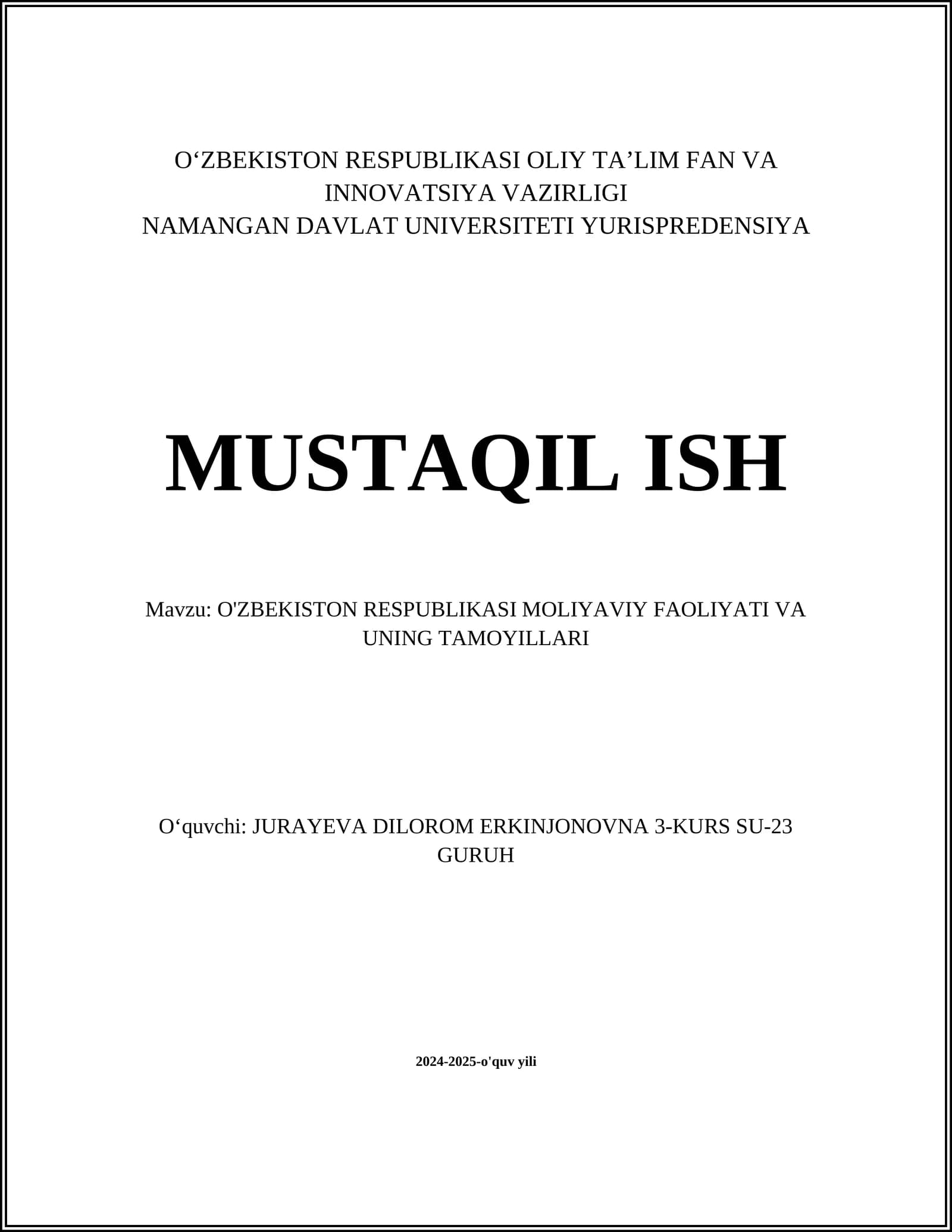 O‘zbekiston Respublikasi moliyaviy faoliyati va uning tamoyillari