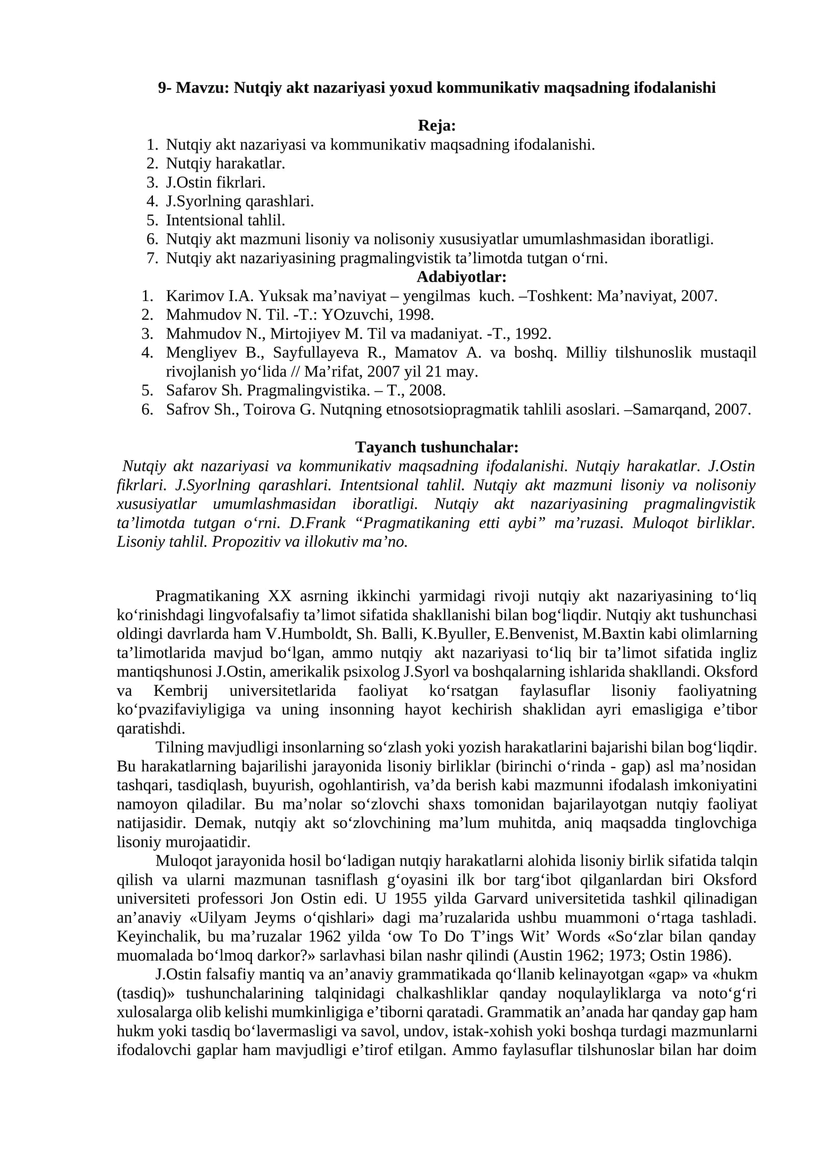 Nutqiy akt nazariyasi yoхud kommunikativ maqsadning ifodalanishi