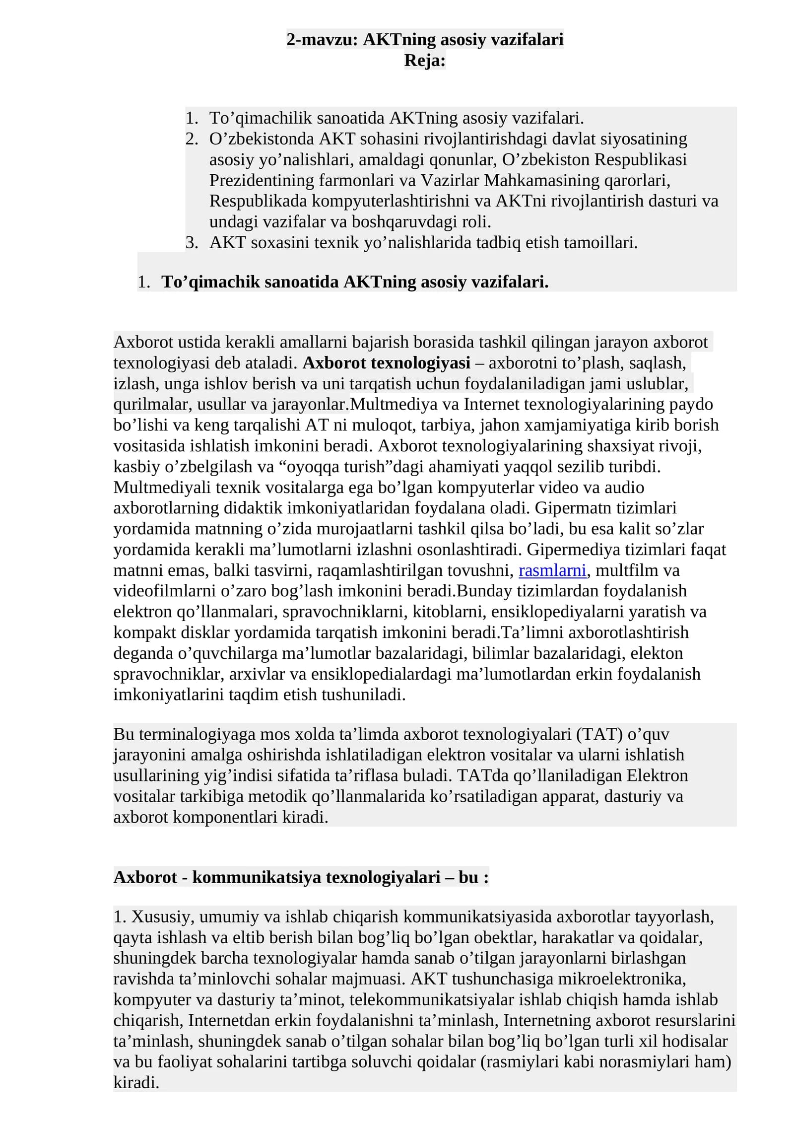 2-mavzu: AKTning asosiy vazifalari