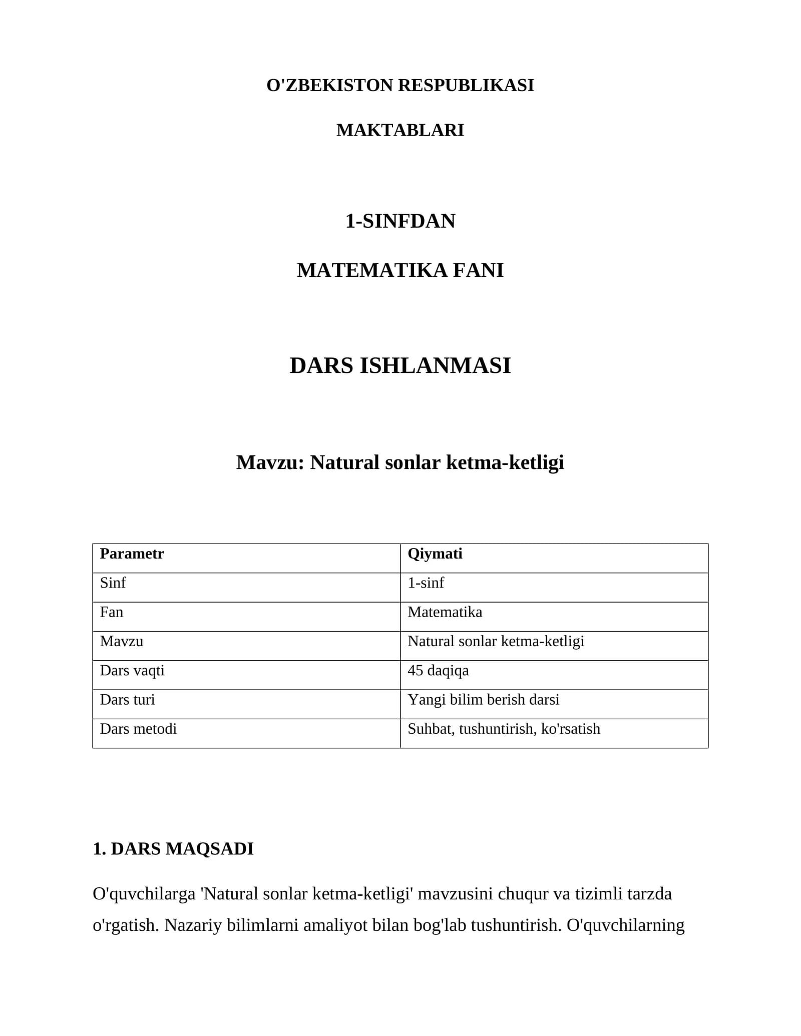 Natural sonlar ketma-ketligi Dars Ishlanmasi