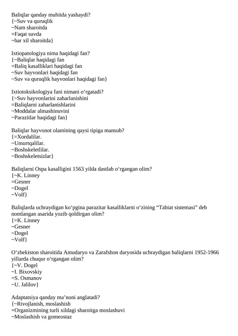 Baliqlar hayvonot olamining qaysi tipiga mansub?