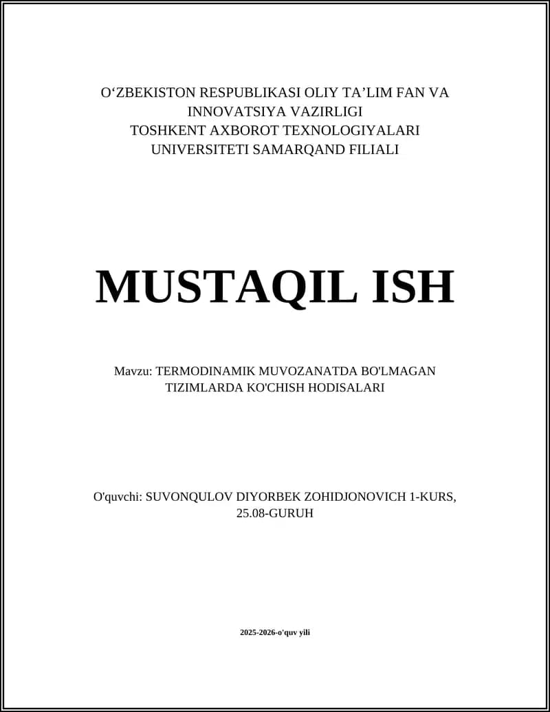 TERMODINAMIK MUVOZANATDA BO'LMAGAN TIZIMLARDA KO'CHISH HODISALARI