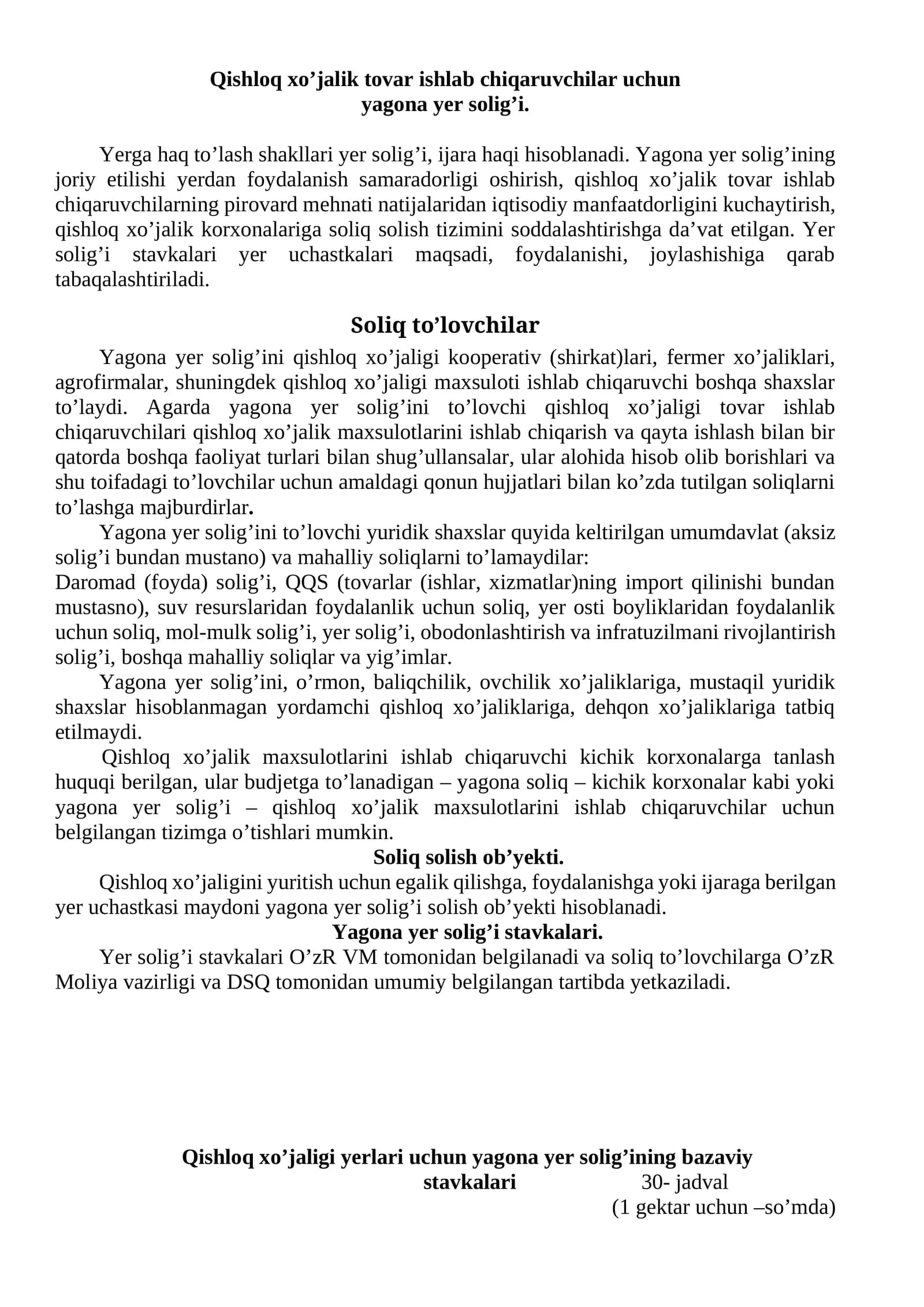 Qishloq xo’jalik tovar ishlab chiqaruvchilar uchun yagona yer solig’i