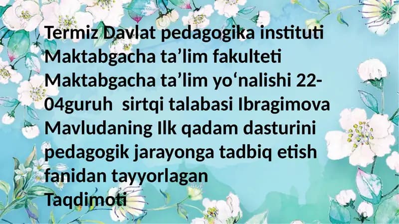 Bolalar bilan yakka ishlashni tashkil etish va rejalashtirish