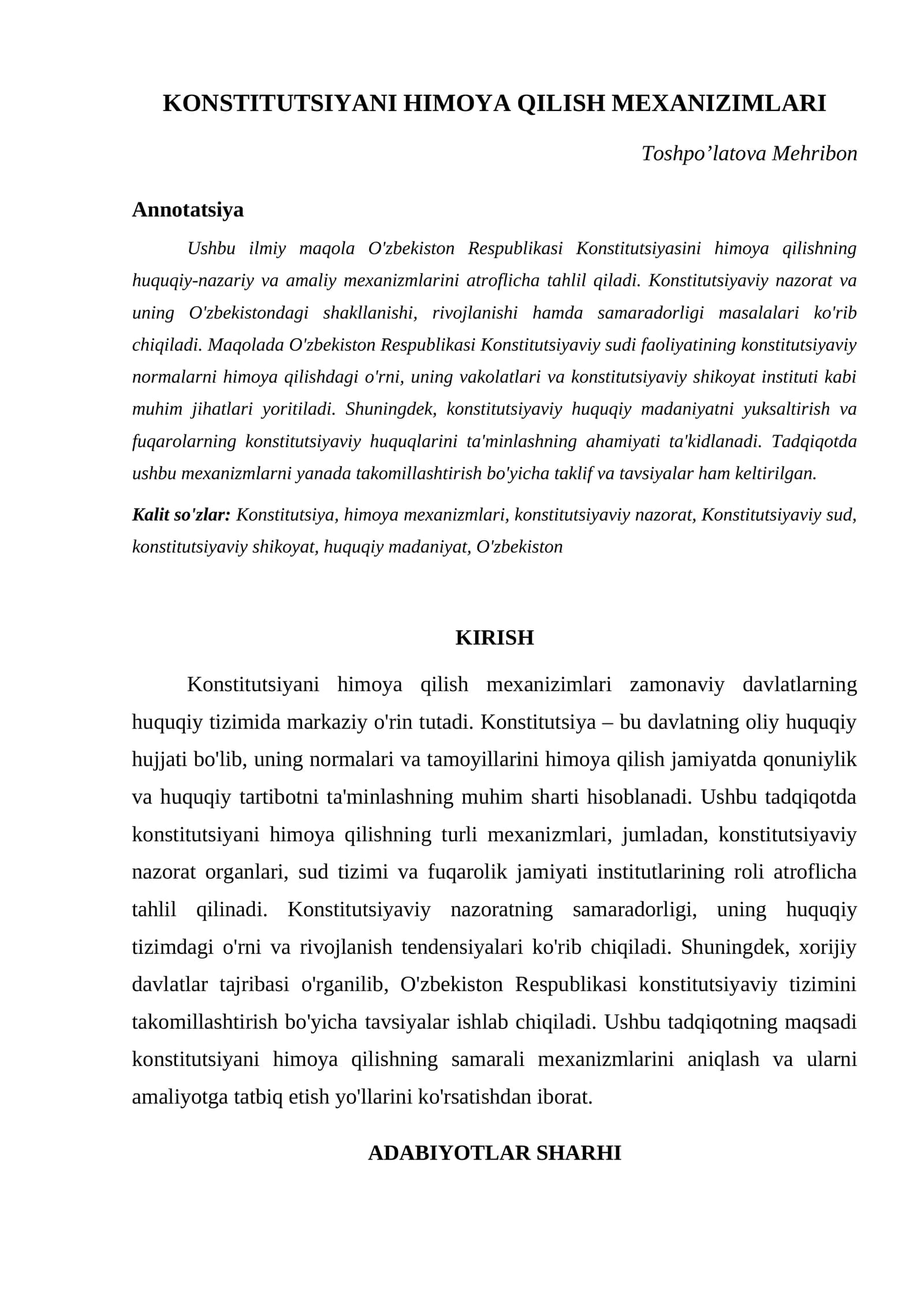 KONSTITUTSIYANI HIMOYA QILISH MEXANIZIMLARI