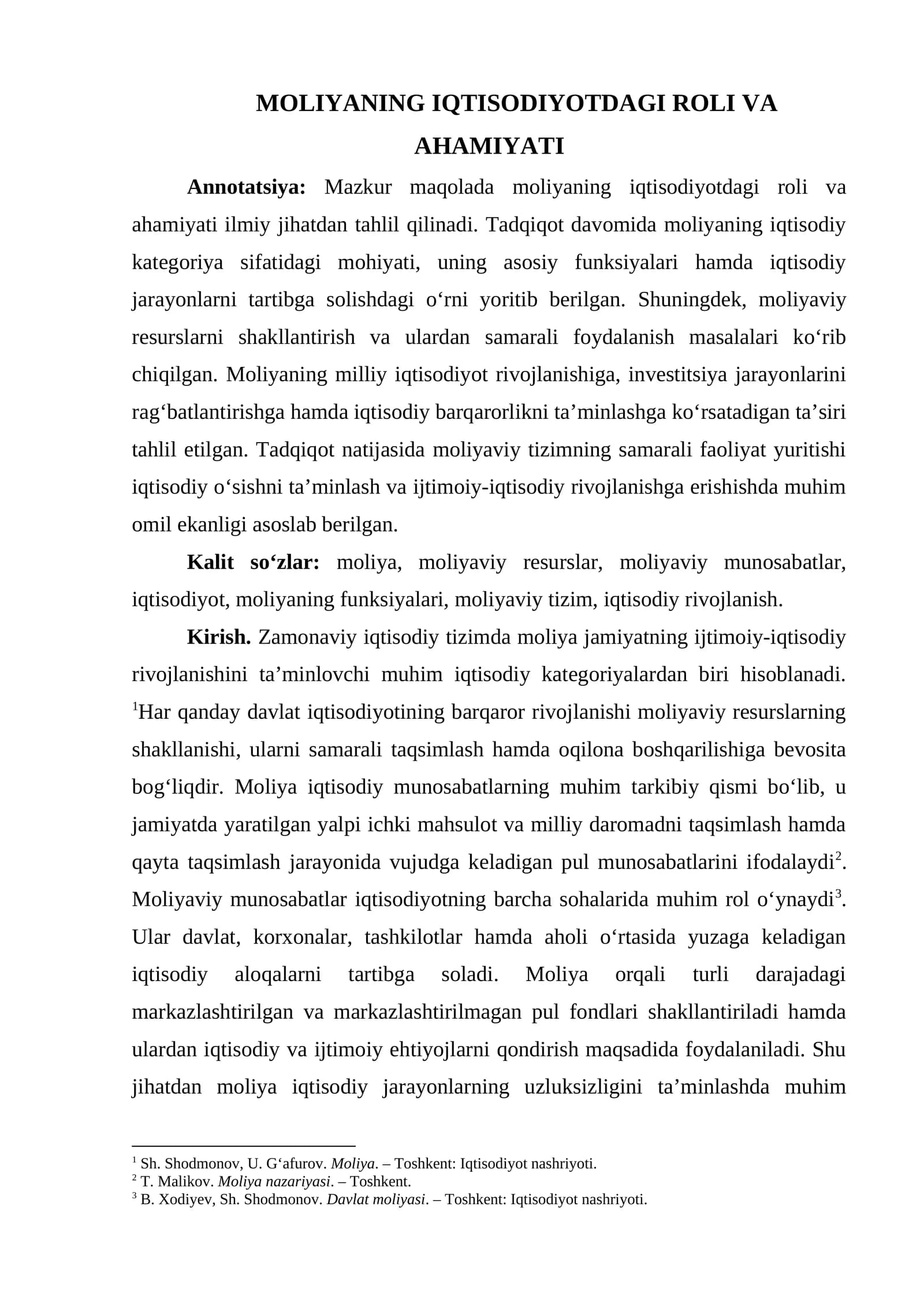 MOLIYANING IQTISODIYOTDAGI ROLI VA AHAMIYATI