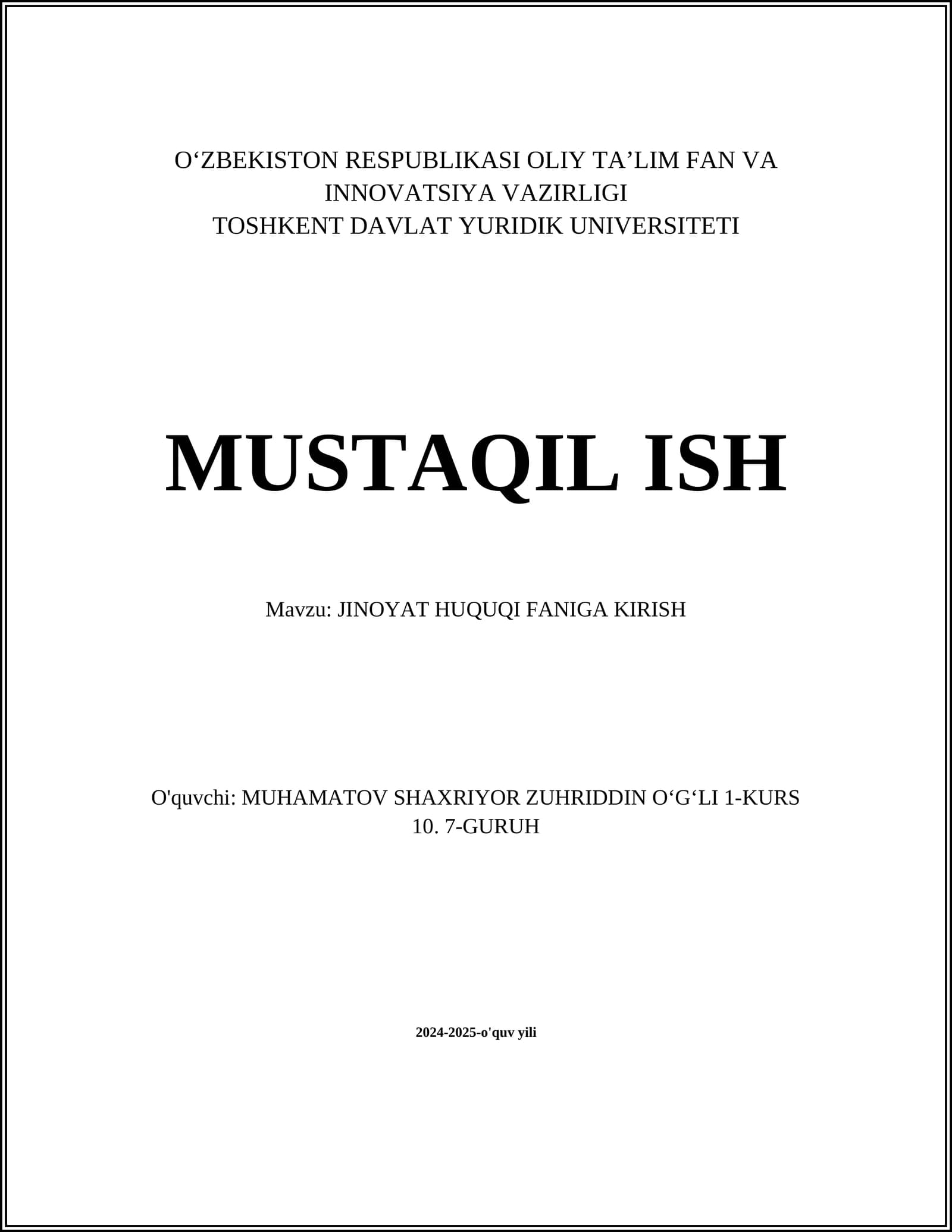 JINOYAT HUQUQI FANIGA KIRISH