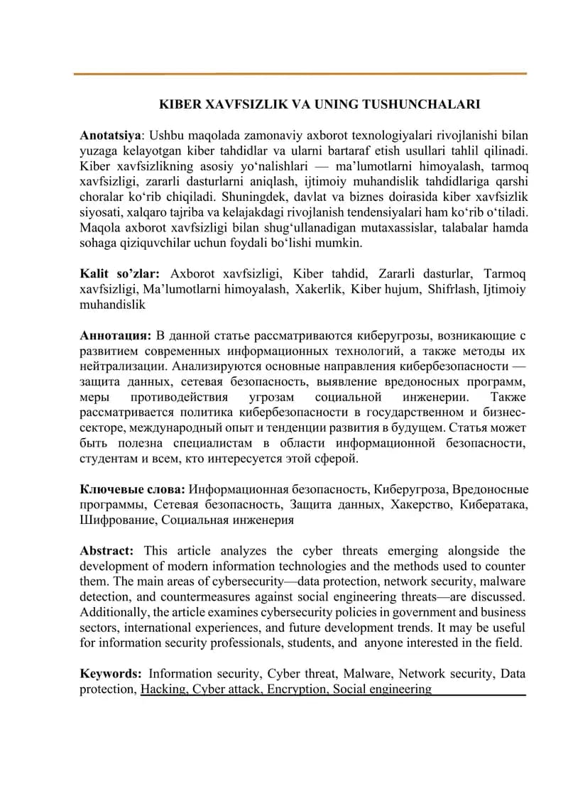KIBER XAVFSIZLIK VA UNING TUSHUNCHALARI