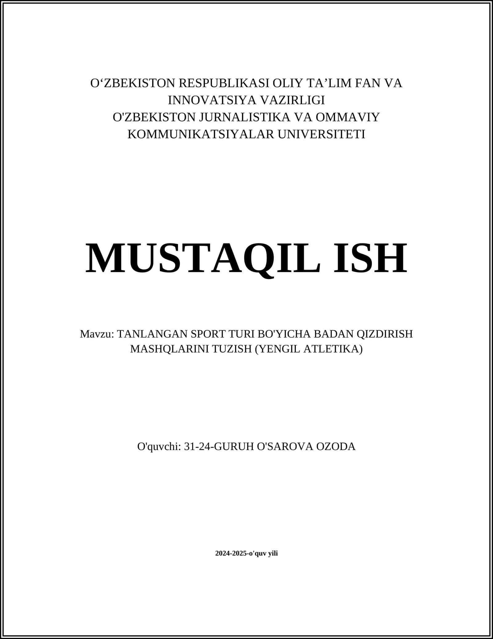 TANLANGAN SPORT TURI BO'YICHA BADAN QIZDIRISH MASHQLARINI TUZISH (YENGIL ATLETIKA)