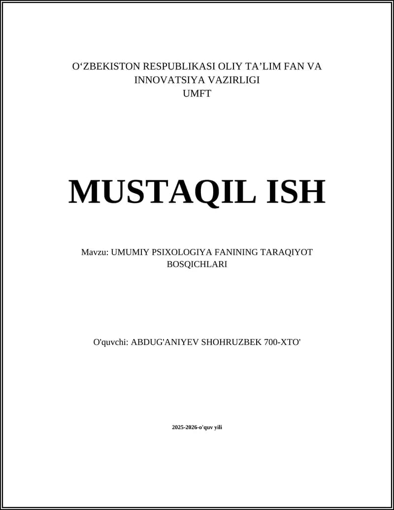 UMUMIY PSIXOLOGIYA FANINING TARAQIYOT BOSQICHLARI