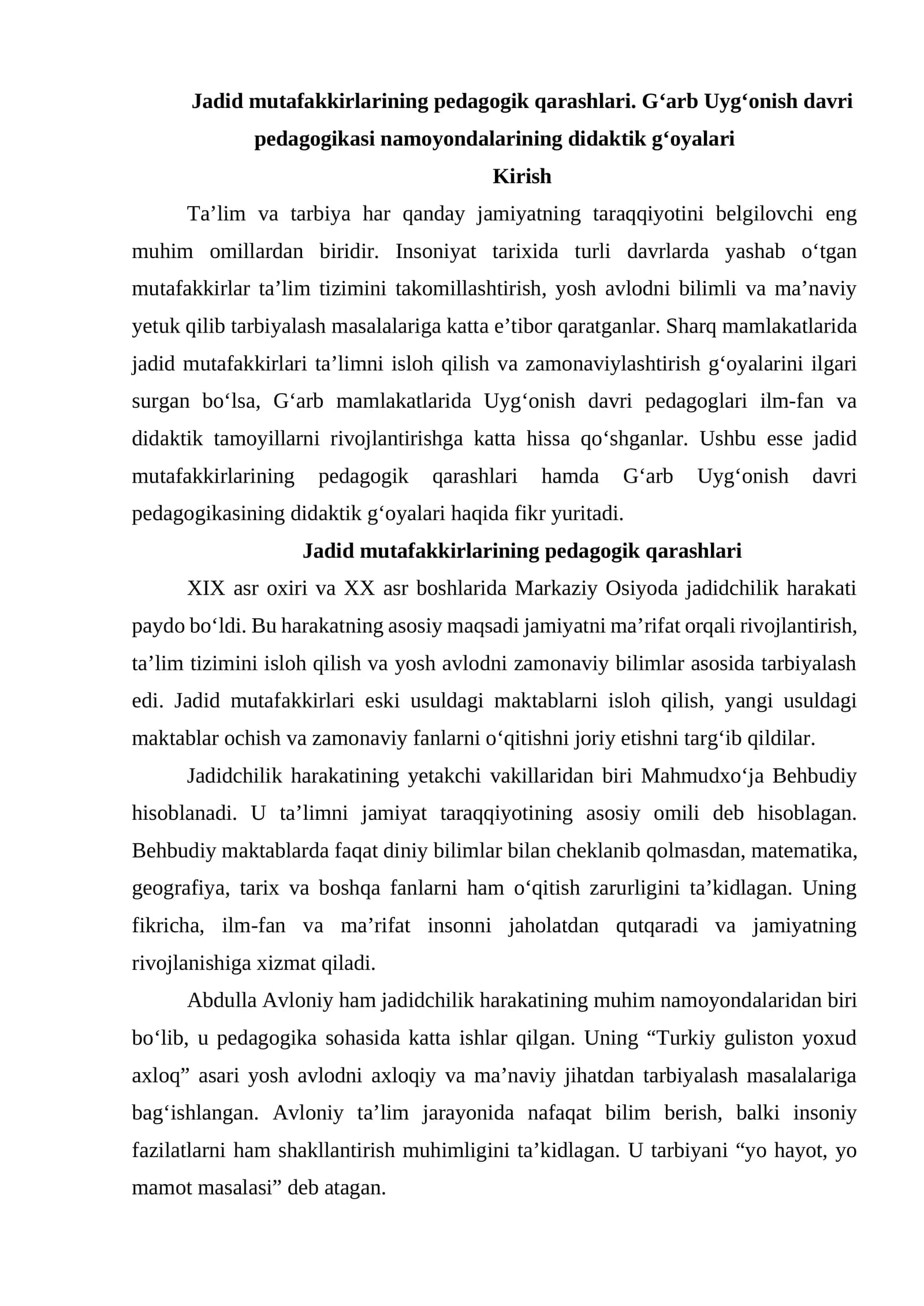 Jadid mutafakkirlarining pedagogik qarashlari