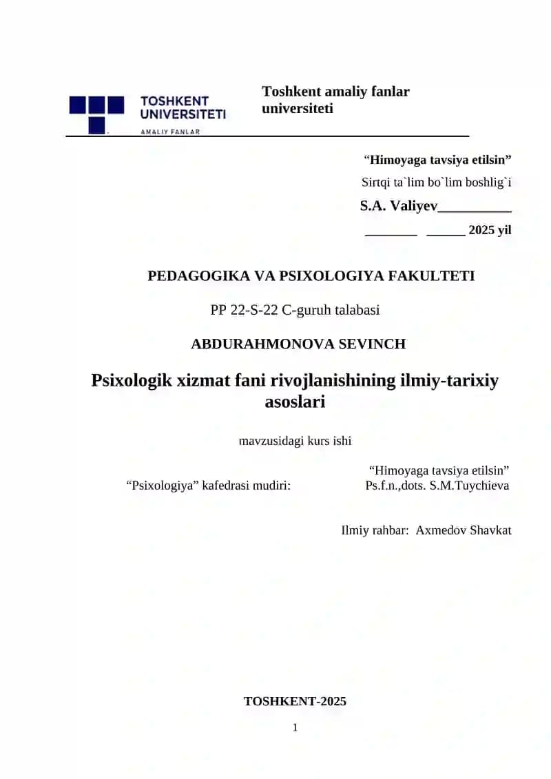 Psixologik xizmat fani rivojlanishining ilmiy-tarixiy asoslari