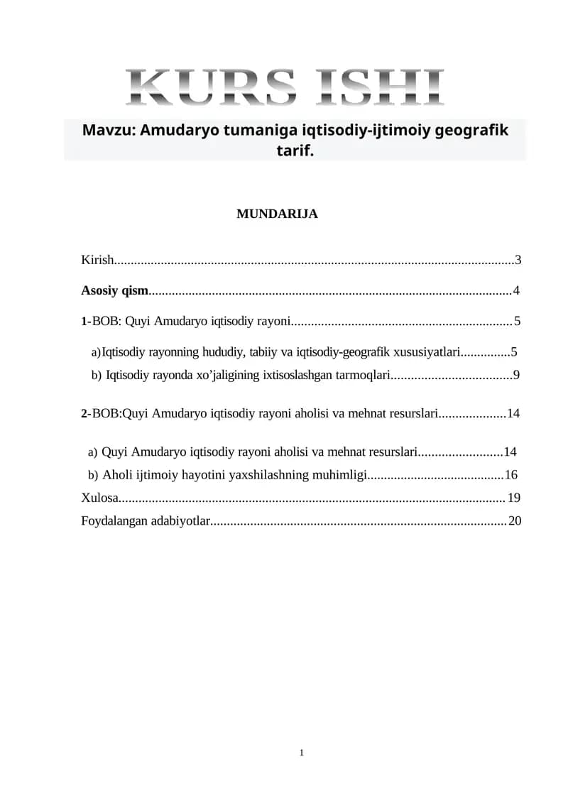 Amudaryo tumaniga iqtisodiy-ijtimoiy geografik tarif