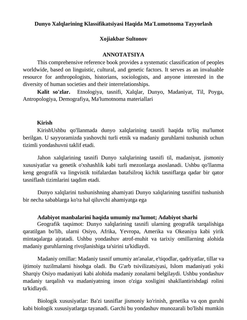 Dunyo Xalqlarining Klassifikatsiyasi Haqida Ma'Lumotnoma