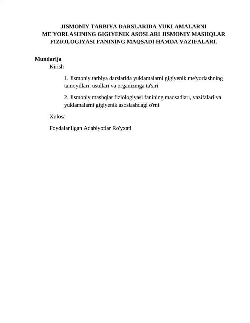 Jismoniy Tarbiya Darslarida Yuklamalarni Me'yorlashning Gigiyenik Asoslari Jismoniy Mashqlar Fiziologiyasi FANINING MAQSADI HAMDA VAZIFALARI