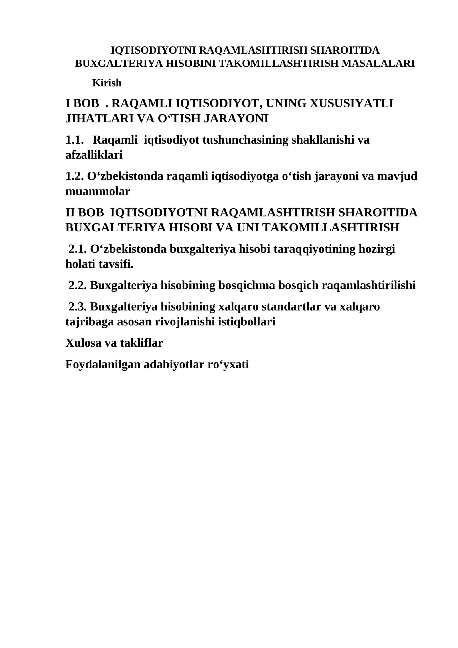 RAQAMLI IQTISODIYOTNI RAQAMLASHTIRISH SHAROITIDA BUXGALTERIYA HISOBINI TAKOMILLASHTIRISH MASALALARI