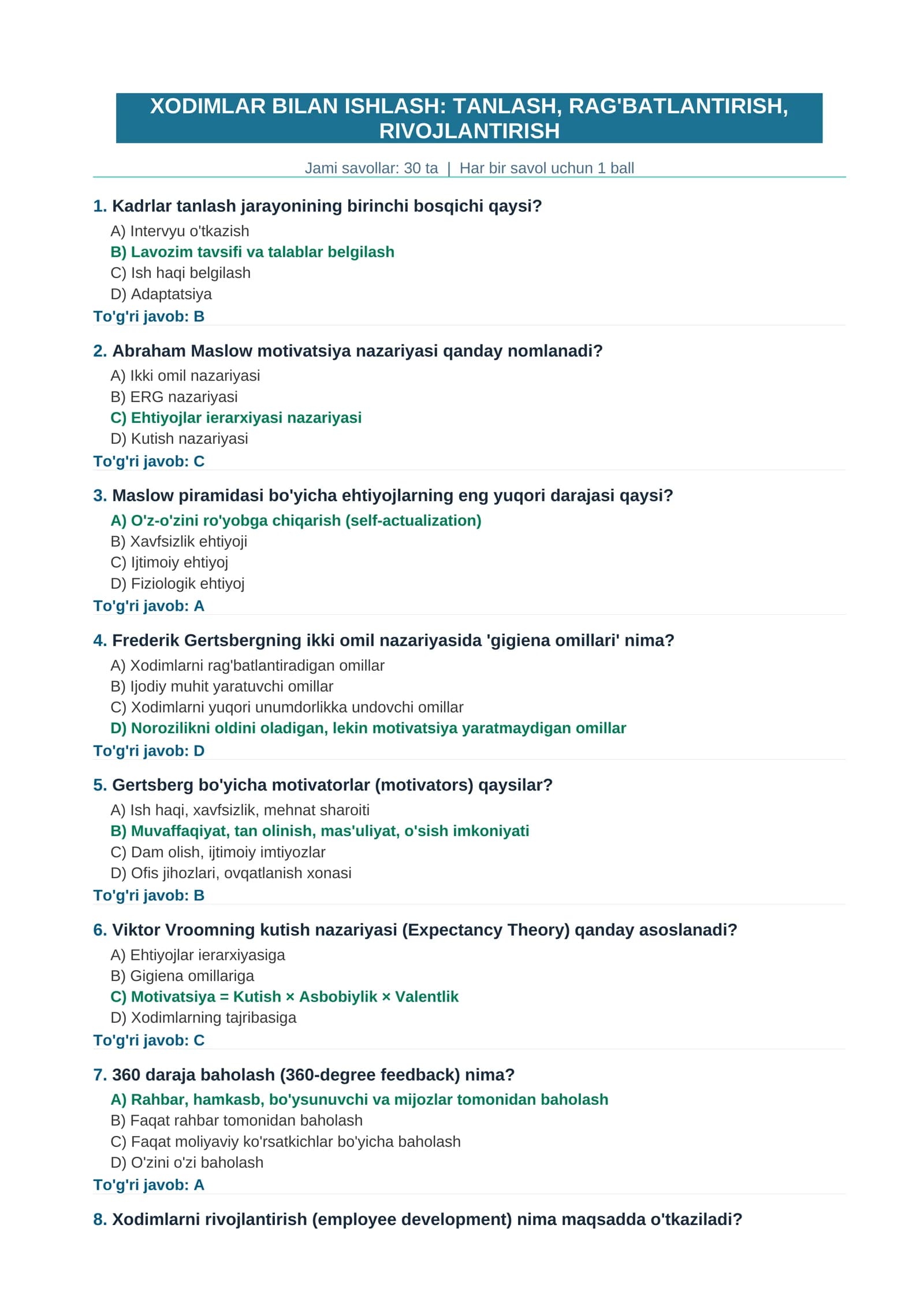 XODIMLAR BILAN ISHLASH: TANLASH, RAG'BATLANTIRISH, RIVOJLANTIRISH