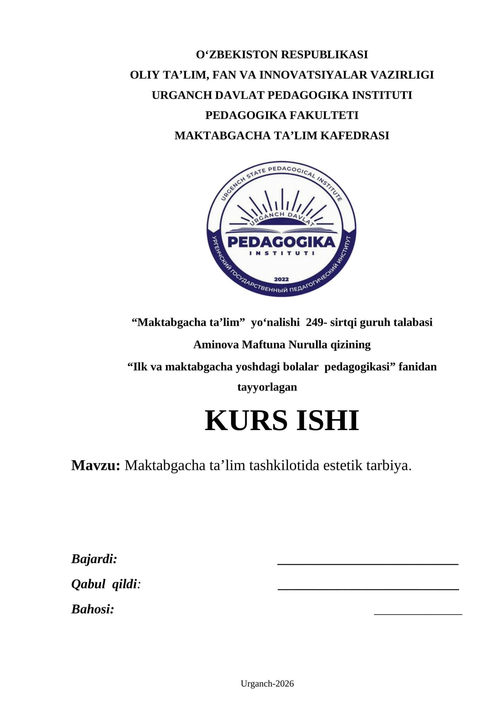 Maktabgacha ta’lim tashkilotida estetik tarbiya
