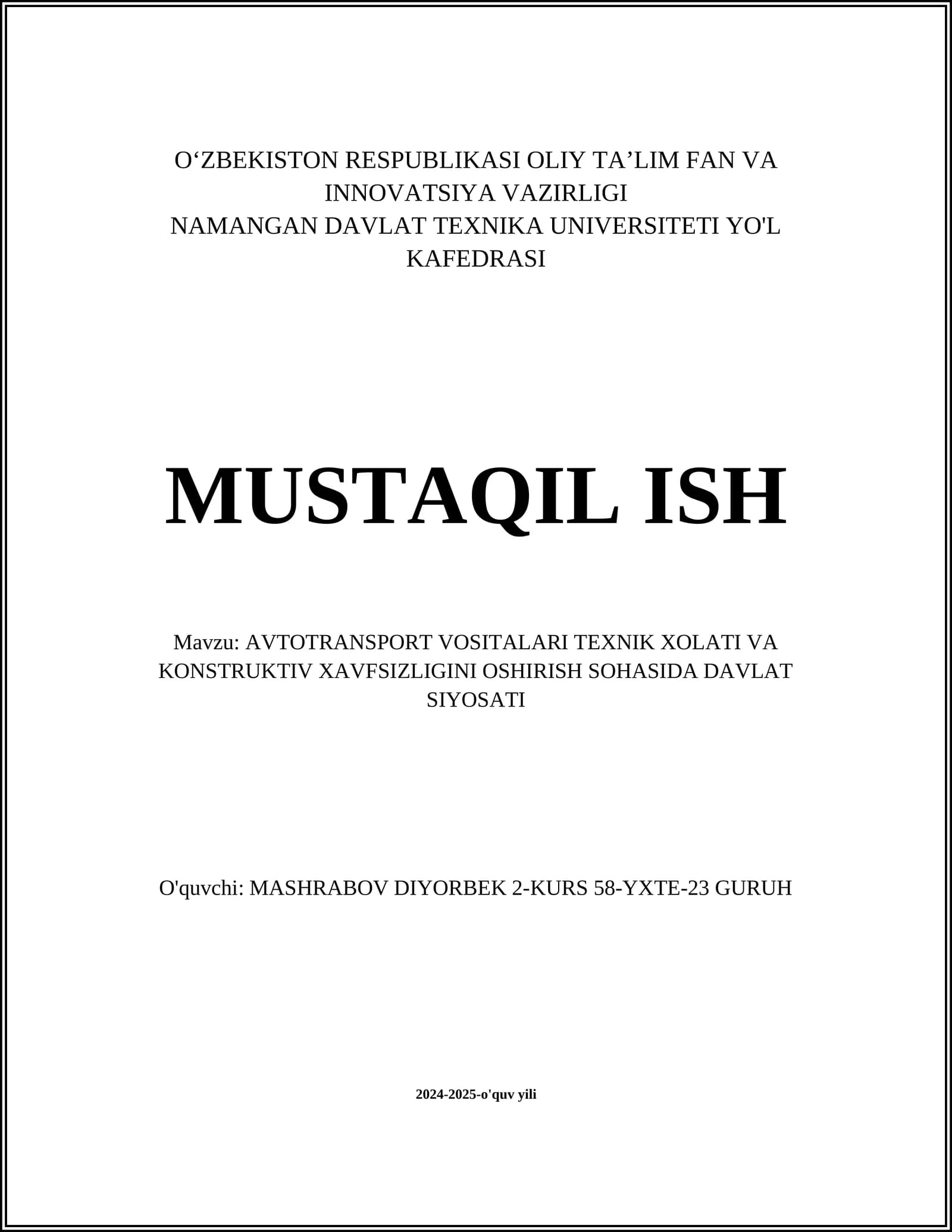 AVTOTRANSPORT VOSITALARI TEXNIK KORIGI
