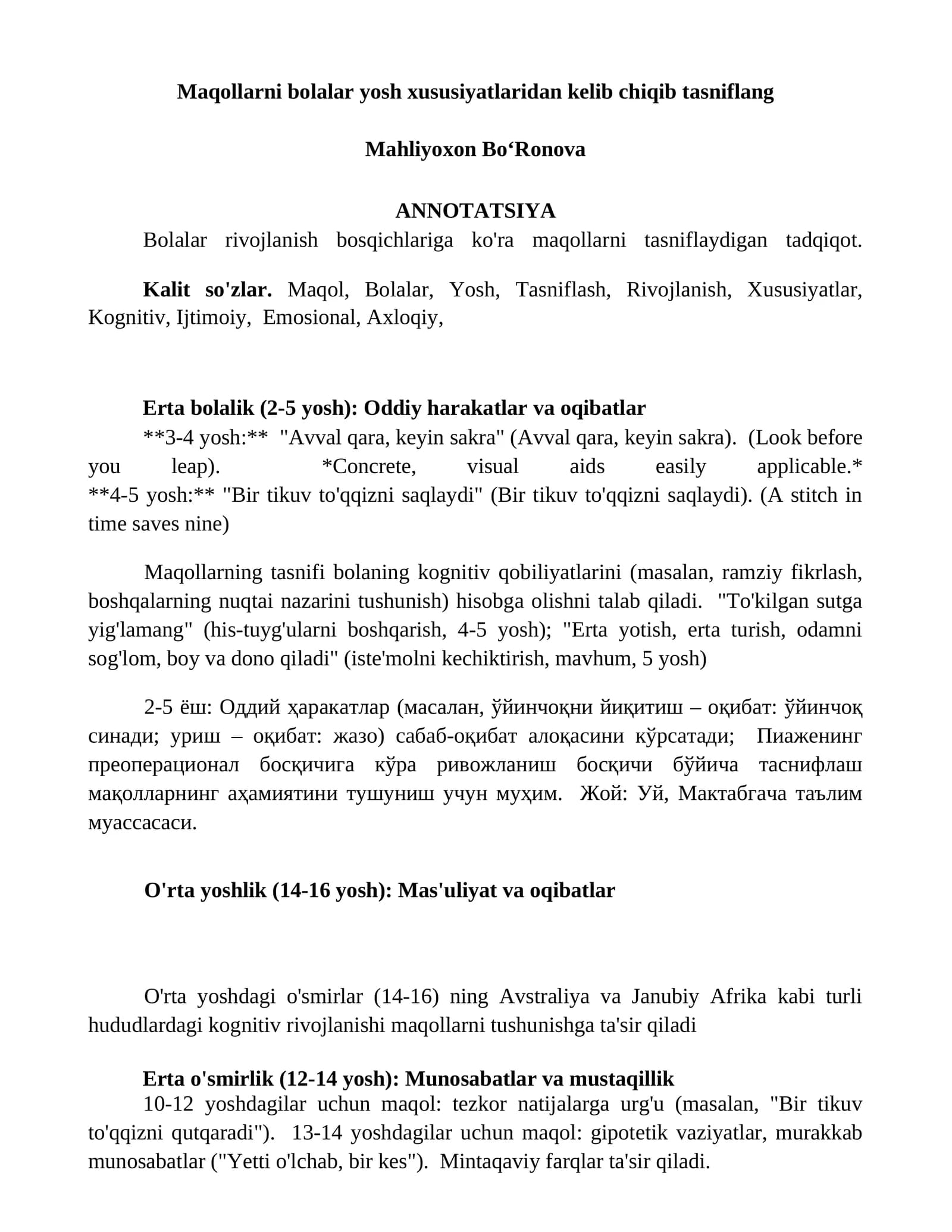 Maqollarni bolalar yosh xususiyatlaridan kelib chiqib tasniflang