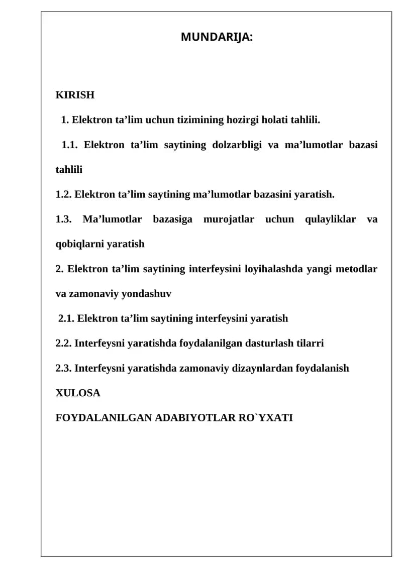 Elektron ta’lim saytining interfeysi