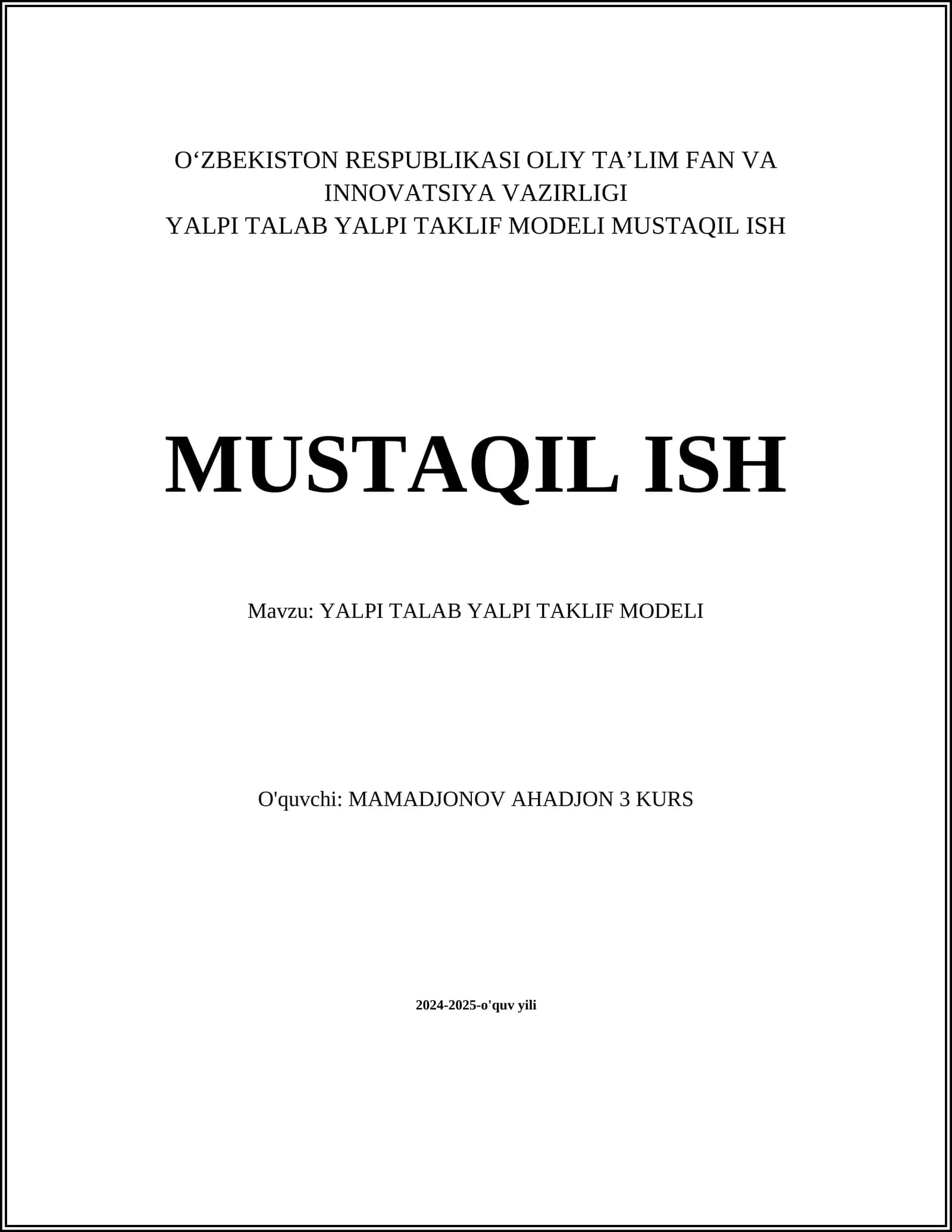 YALPI TALAB YALPI TAKLIF MODELI