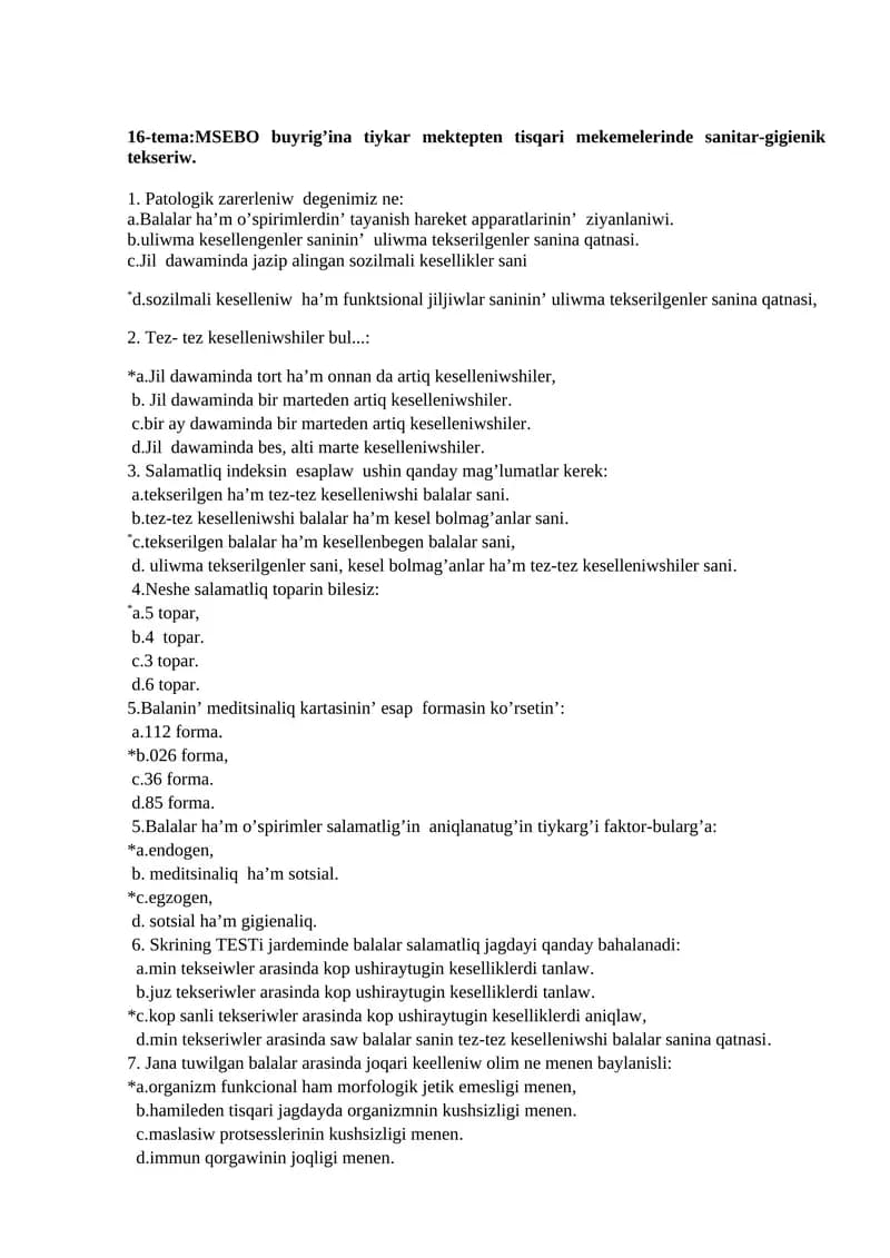 16-tema:MSEBO buyrig’ina tiykar mektepten tisqari mekemelerinde sanitar-gigienik tekseriw