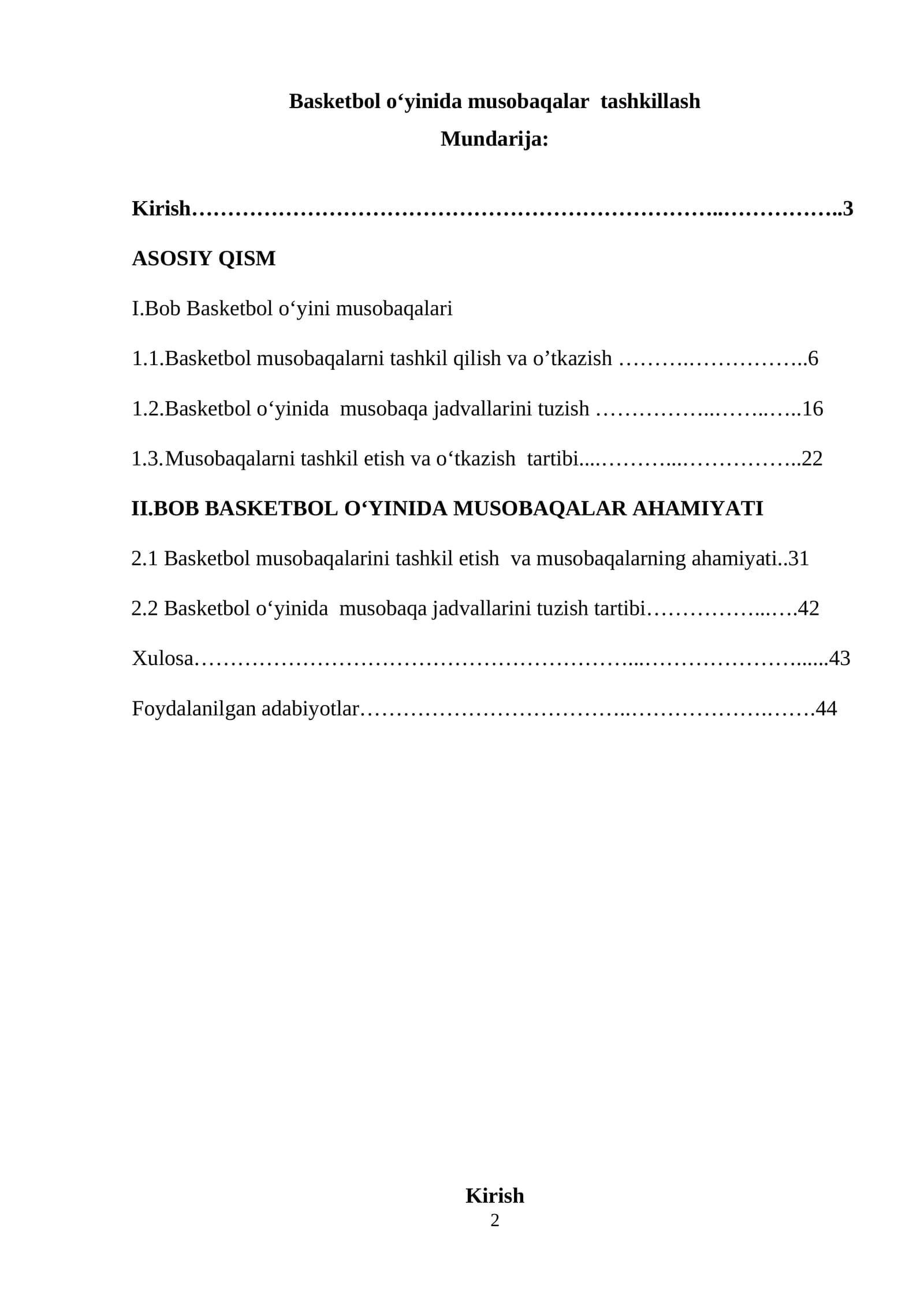 Basketbol o‘yinida musobaqalar tashkillash dona