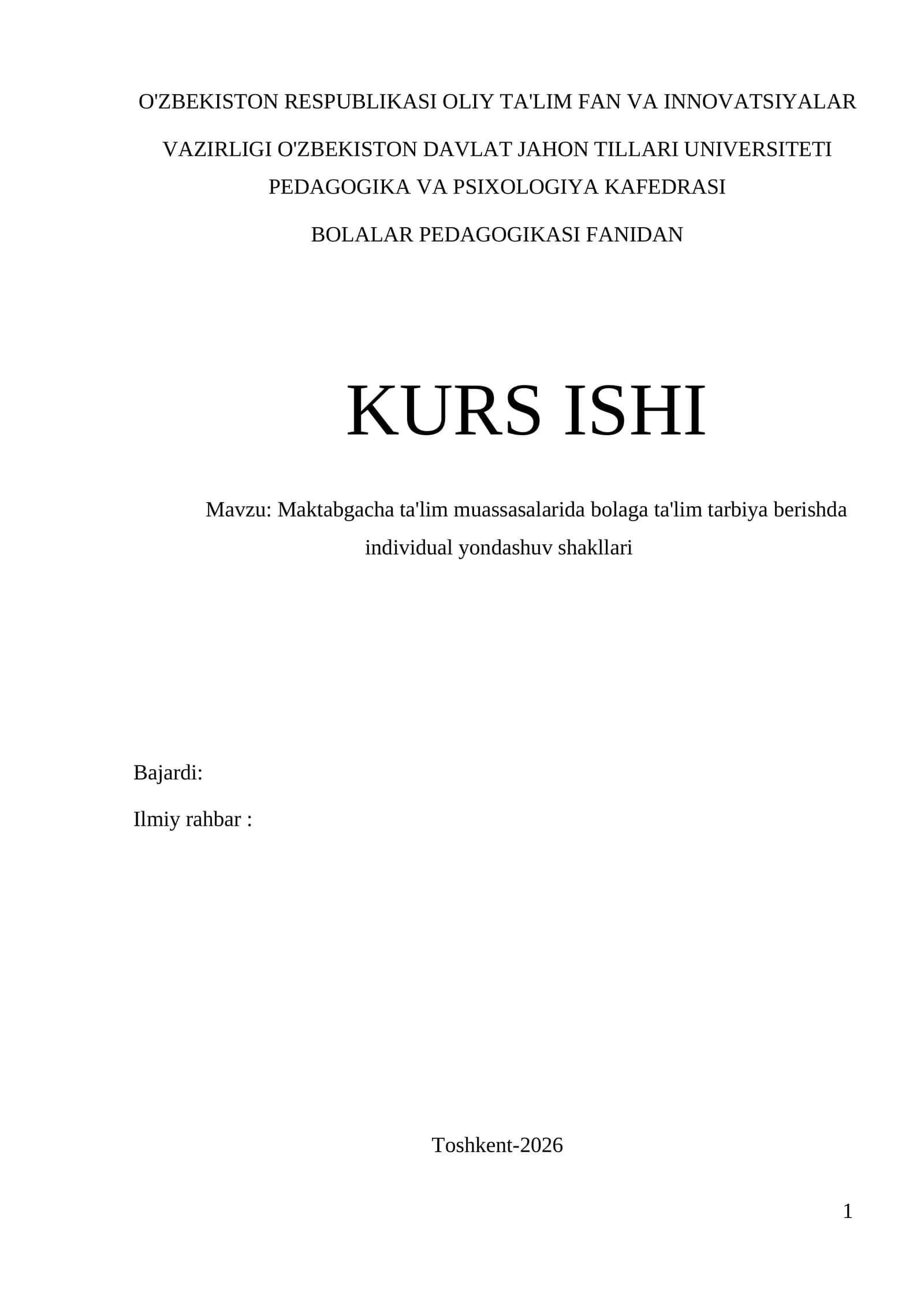 Bolalar Pedagogikasi Fanidan Kurs Ishi
