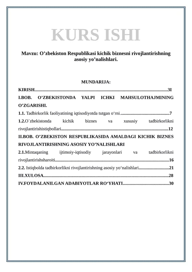 O’zbekiston Respublikasi kichik biznesni rivojlantirishning asosiy yo’nalishlari