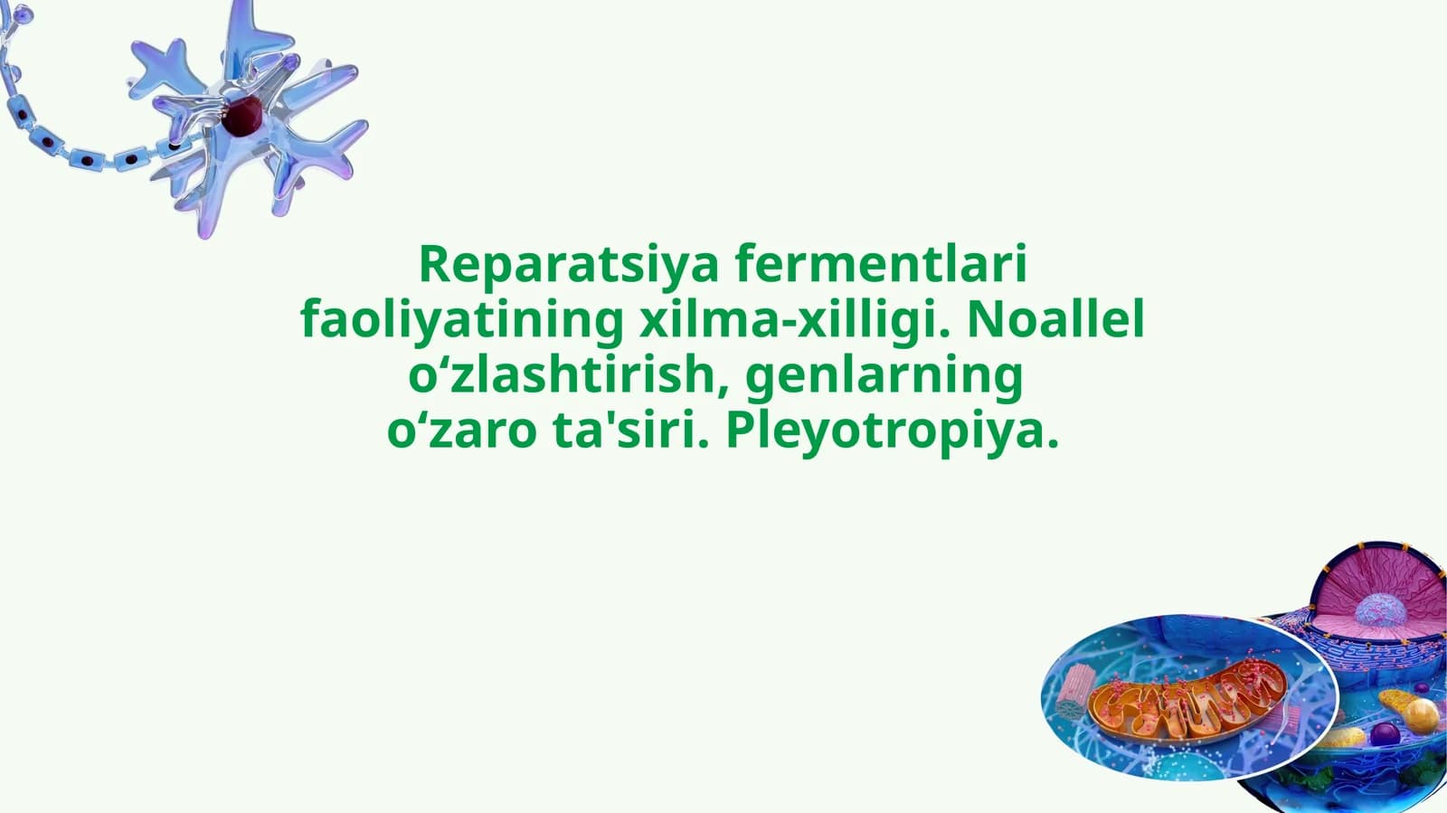 Reparatsiya fermentlari faoliyatining xilma-xilligi. Noallel oʻzlashtirish, genlarning  oʻzaro ta'siri. Pleyotropiya.