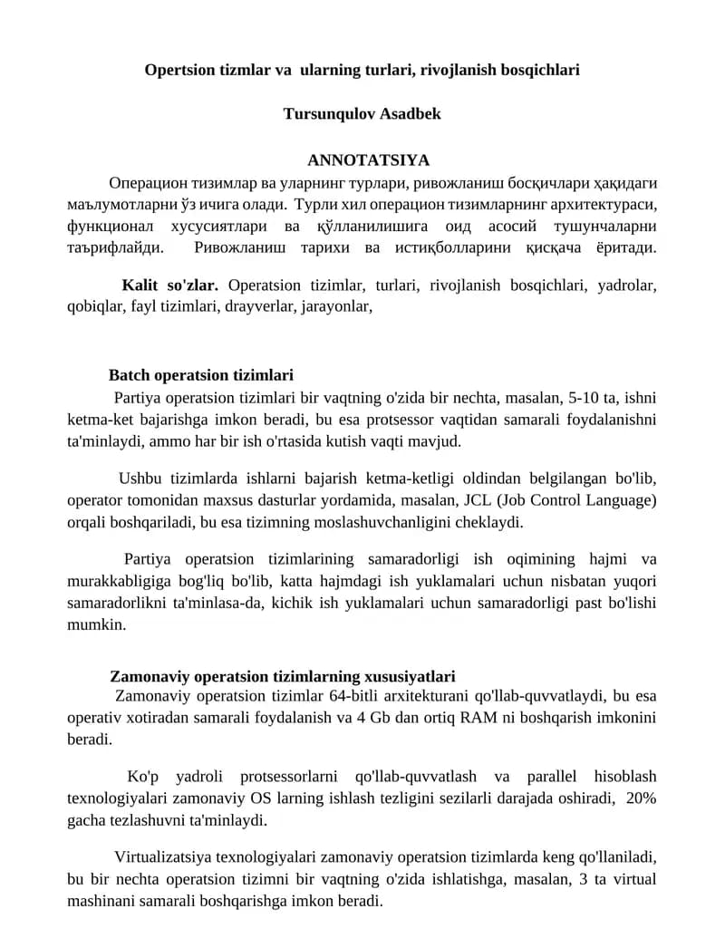 Turli xil Operatsion tizimlar va ularning rivojlanish bosqichlari